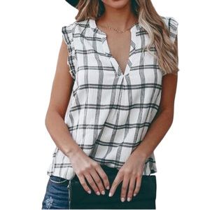 Lovestitch Women's Small  V-Neck Tops Plaid Sleeveless Vest Shirts  Blouse